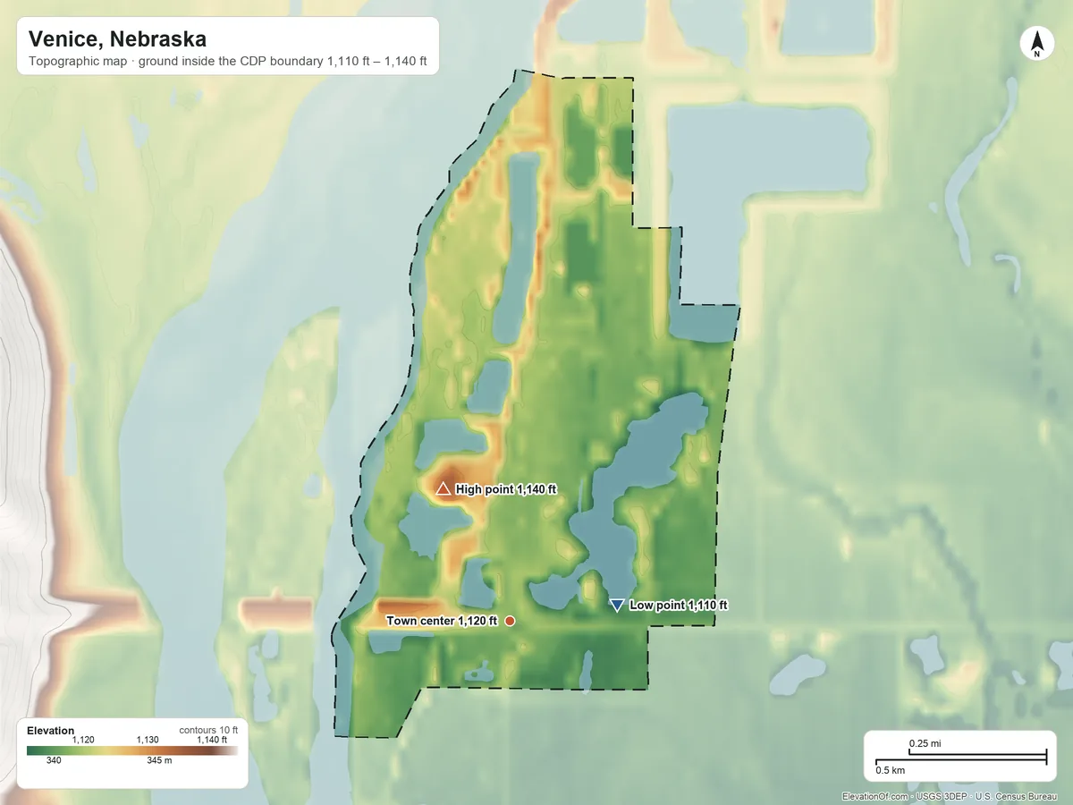 Topographic elevation map of Venice, Nebraska, shaded from 1,110 ft on the east side to 1,140 ft on the northwest side