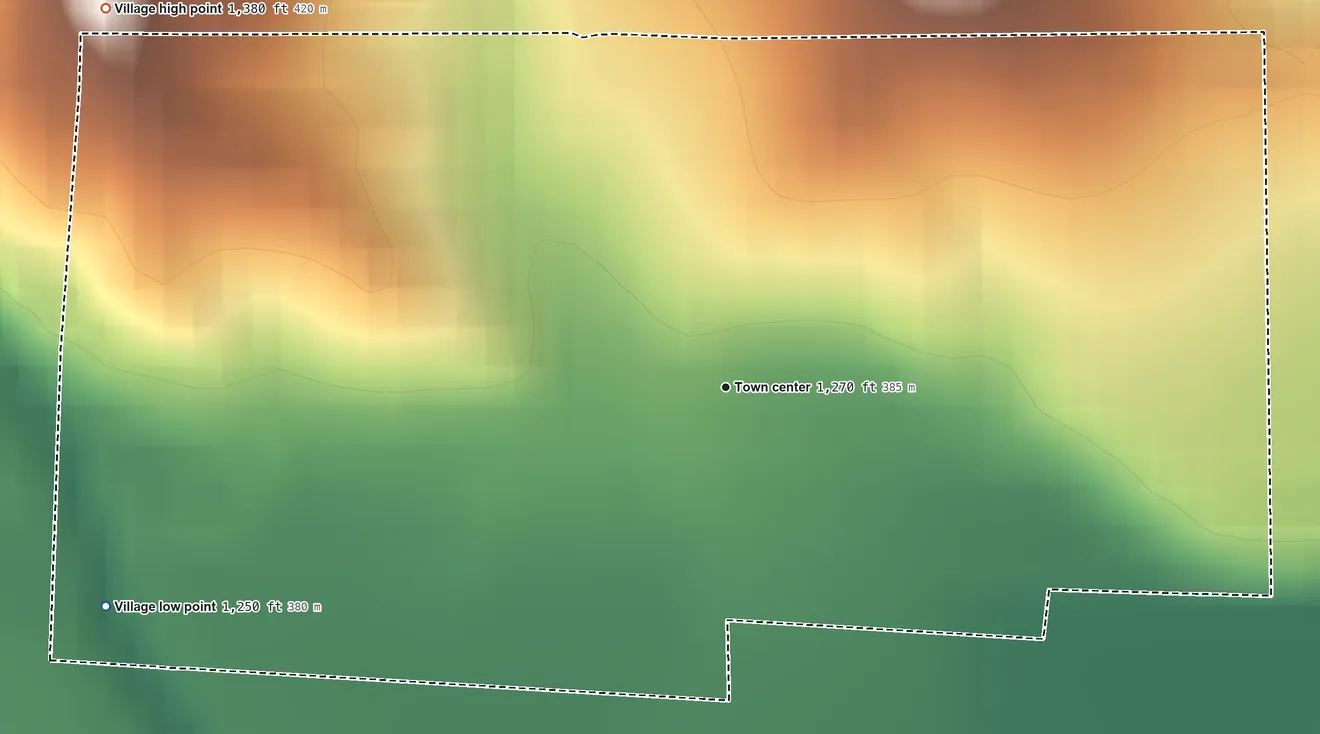 Topographic elevation map of Verdel, Nebraska, shaded from 1,250 ft on the west side to 1,380 ft on the northwest side