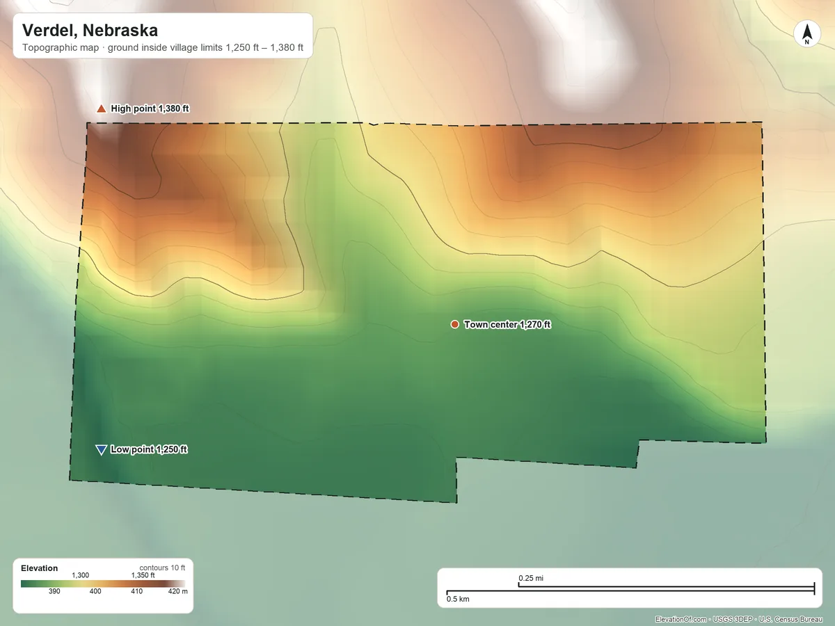 Topographic elevation map of Verdel, Nebraska, shaded from 1,250 ft on the west side to 1,380 ft on the northwest side