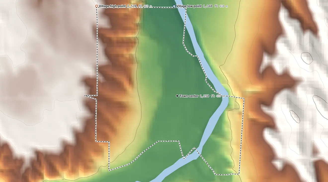 Topographic elevation map of Verdigre, Nebraska, shaded from 1,340 ft on the north side to 1,520 ft on the northwest side