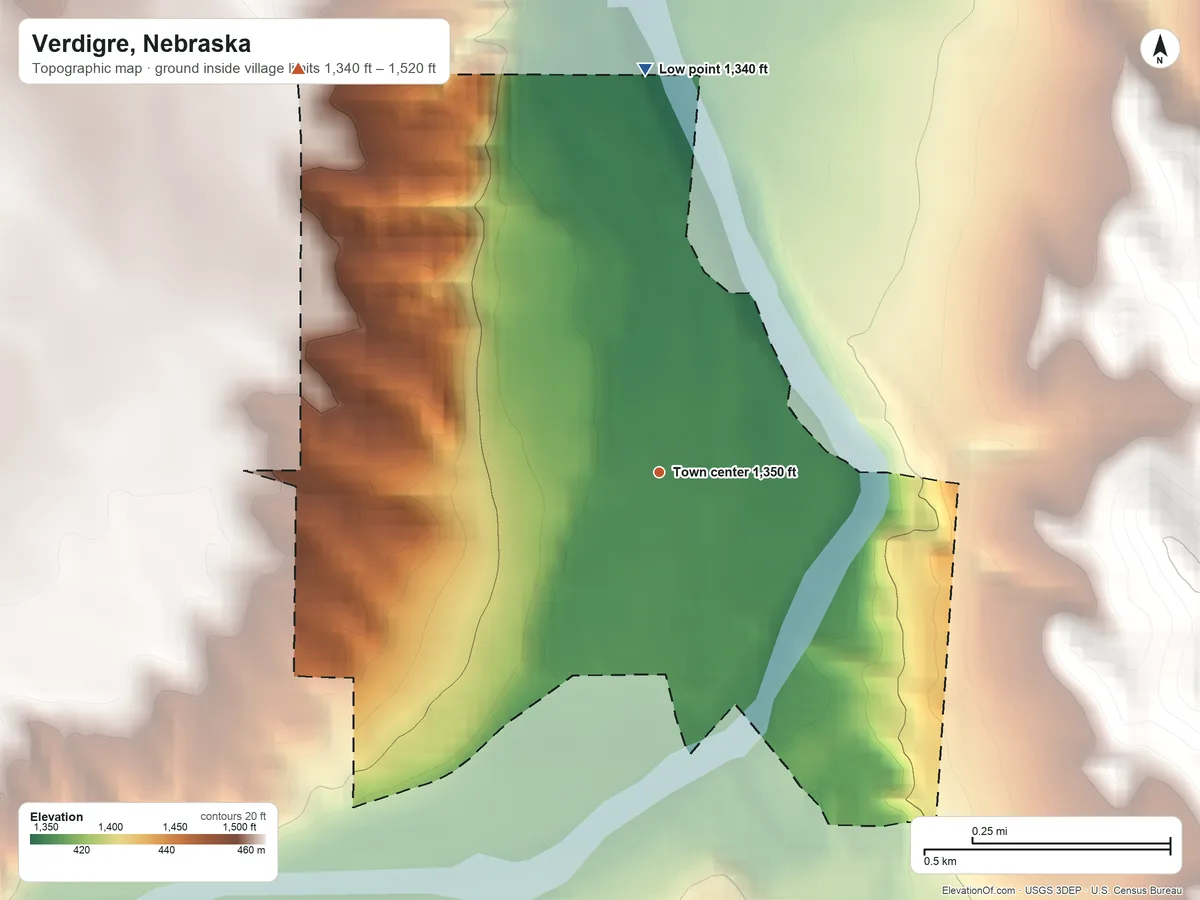 Topographic elevation map of Verdigre, Nebraska, shaded from 1,340 ft on the north side to 1,520 ft on the northwest side