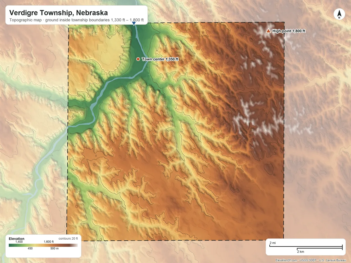Topographic elevation map of Verdigre Township, Nebraska, shaded from 1,330 ft on the north side to 1,800 ft on the east side