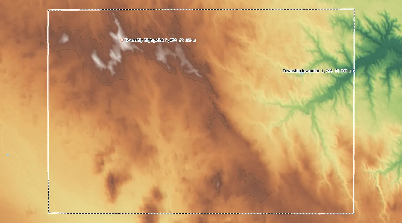 Topographic elevation map of Verdigris Township, Nebraska, shaded from 1,790 ft on the east side to 2,050 ft on the northwest side