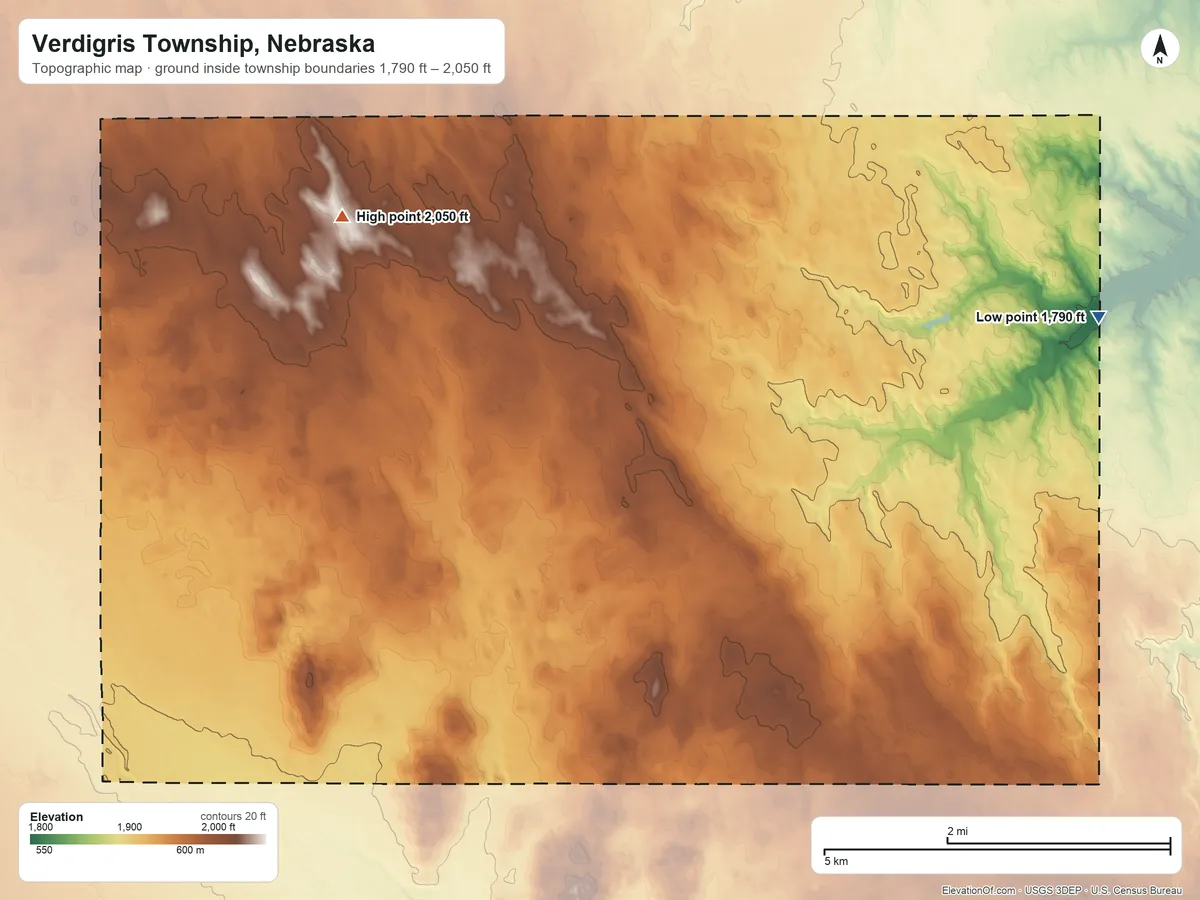Topographic elevation map of Verdigris Township, Nebraska, shaded from 1,790 ft on the east side to 2,050 ft on the northwest side