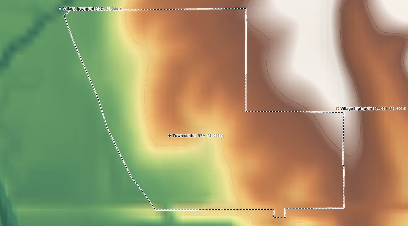 Topographic elevation map of Verdon, Nebraska, shaded from 920 ft on the northwest side to 1,010 ft on the east side