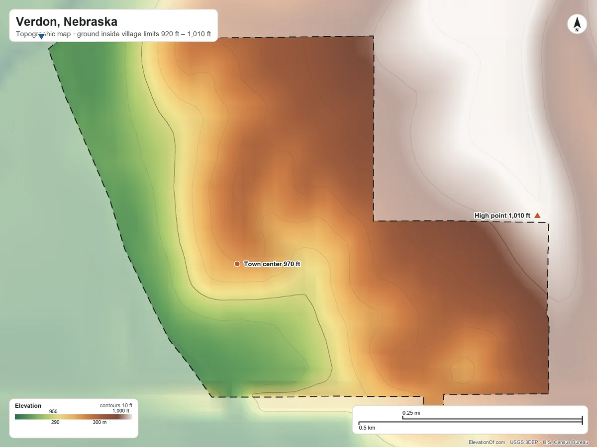 Topographic elevation map of Verdon, Nebraska, shaded from 920 ft on the northwest side to 1,010 ft on the east side