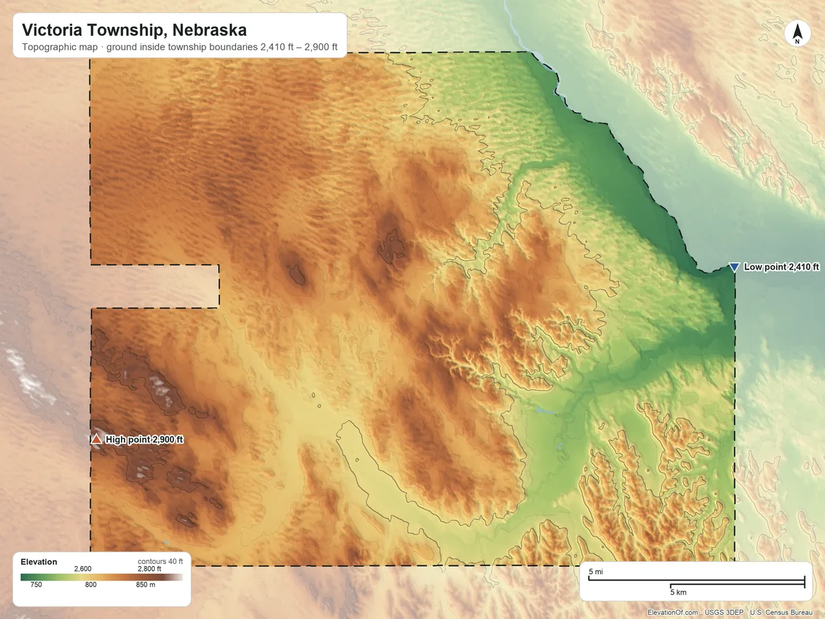 Topographic elevation map of Victoria Township, Nebraska, shaded from 2,410 ft on the east side to 2,900 ft on the west side