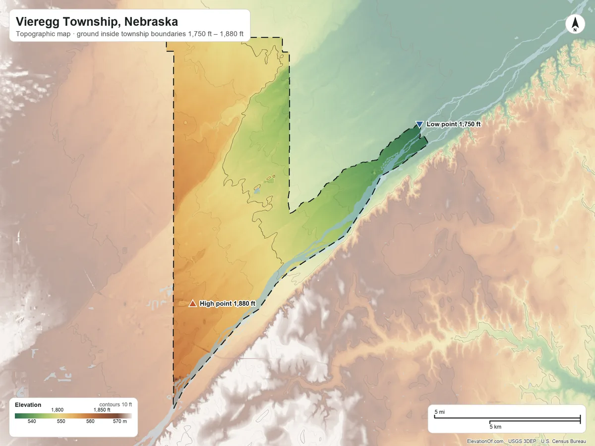 Topographic elevation map of Vieregg Township, Nebraska, shaded from 1,750 ft on the northeast side to 1,880 ft on the south side