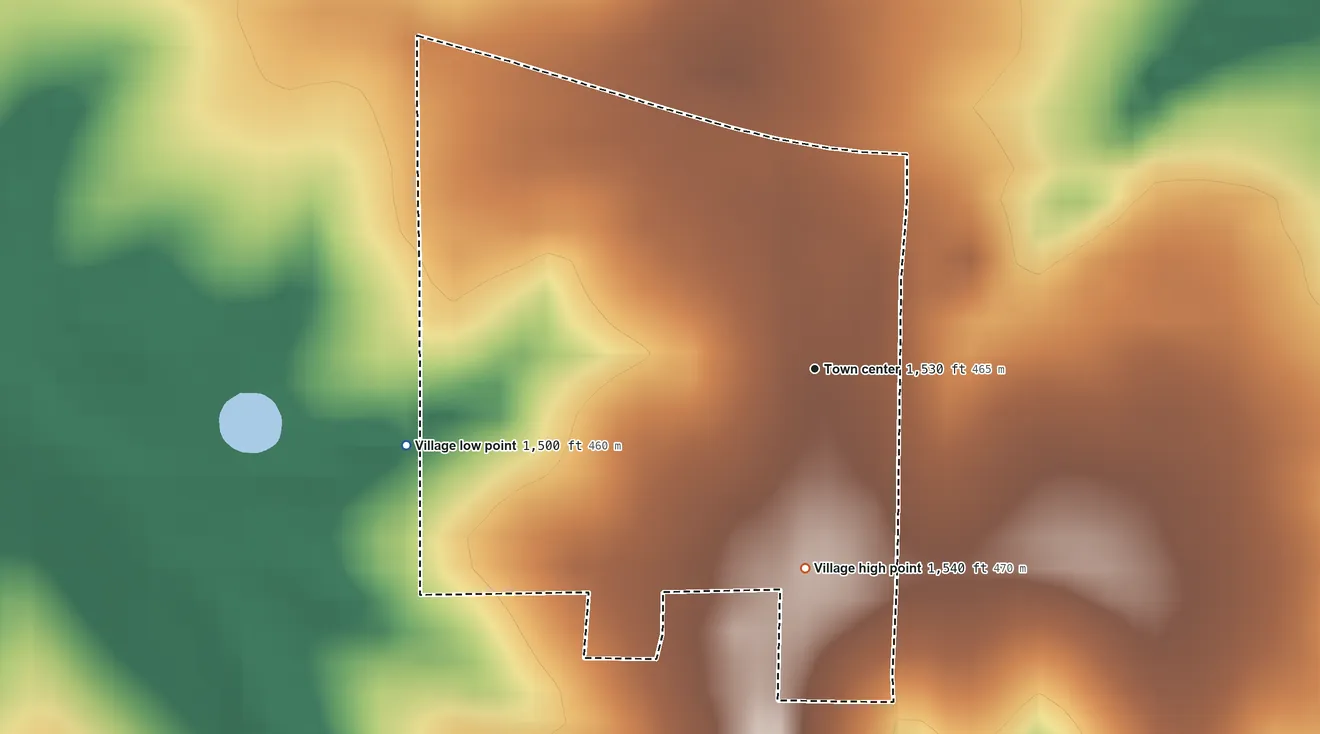 Topographic elevation map of Virginia, Nebraska, shaded from 1,500 ft on the west side to 1,540 ft on the south side