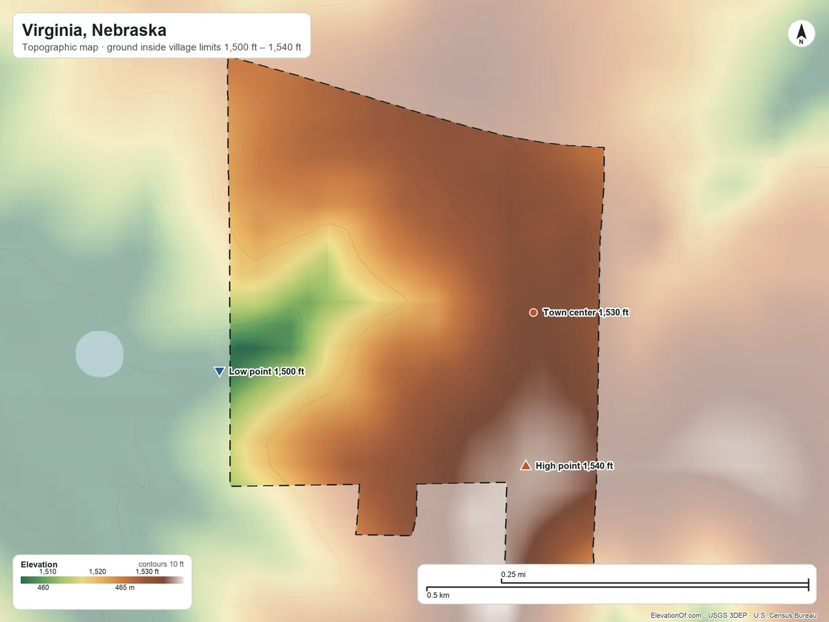Topographic elevation map of Virginia, Nebraska, shaded from 1,500 ft on the west side to 1,540 ft on the south side
