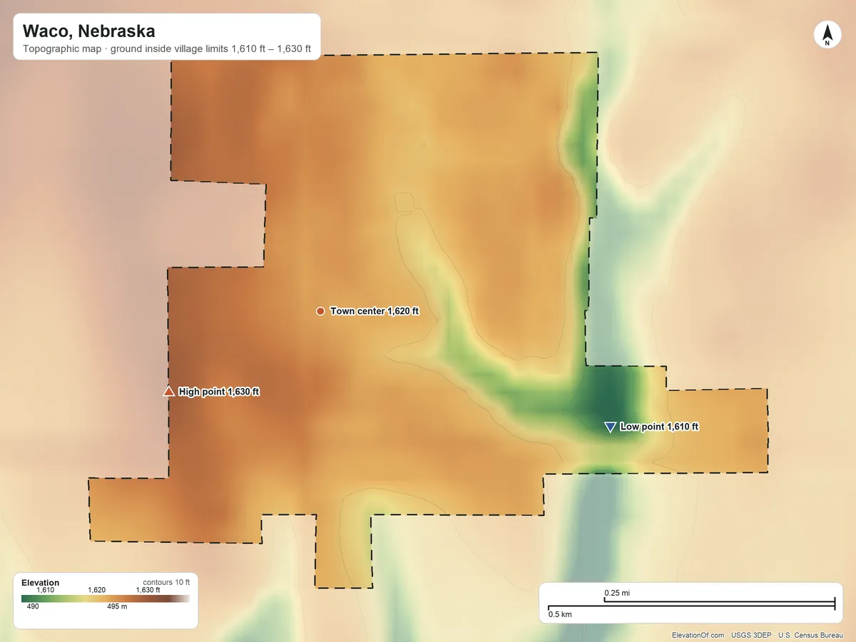 Topographic elevation map of Waco, Nebraska, shaded from 1,610 ft on the east side to 1,630 ft on the southwest side