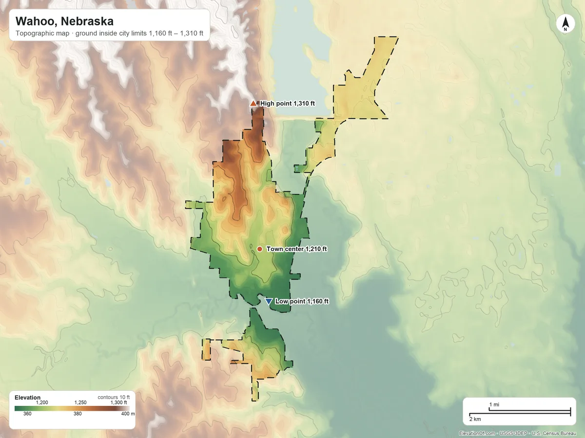 Topographic elevation map of Wahoo, Nebraska, shaded from 1,160 ft on the south side to 1,310 ft on the north edge, below higher ground just outside