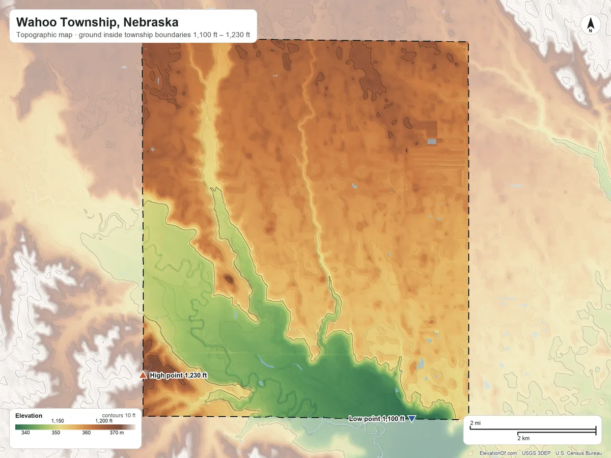 Topographic elevation map of Wahoo Township, Nebraska, shaded from 1,100 ft on the southeast side to 1,230 ft on the southwest side