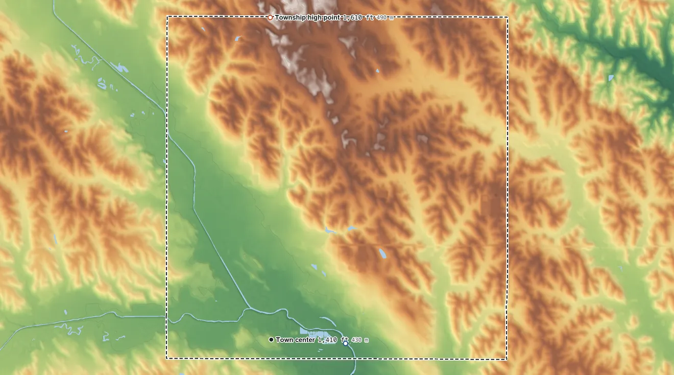 Topographic elevation map of Wakefield Township, Nebraska, shaded from 1,360 ft on the east side to 1,610 ft on the north side