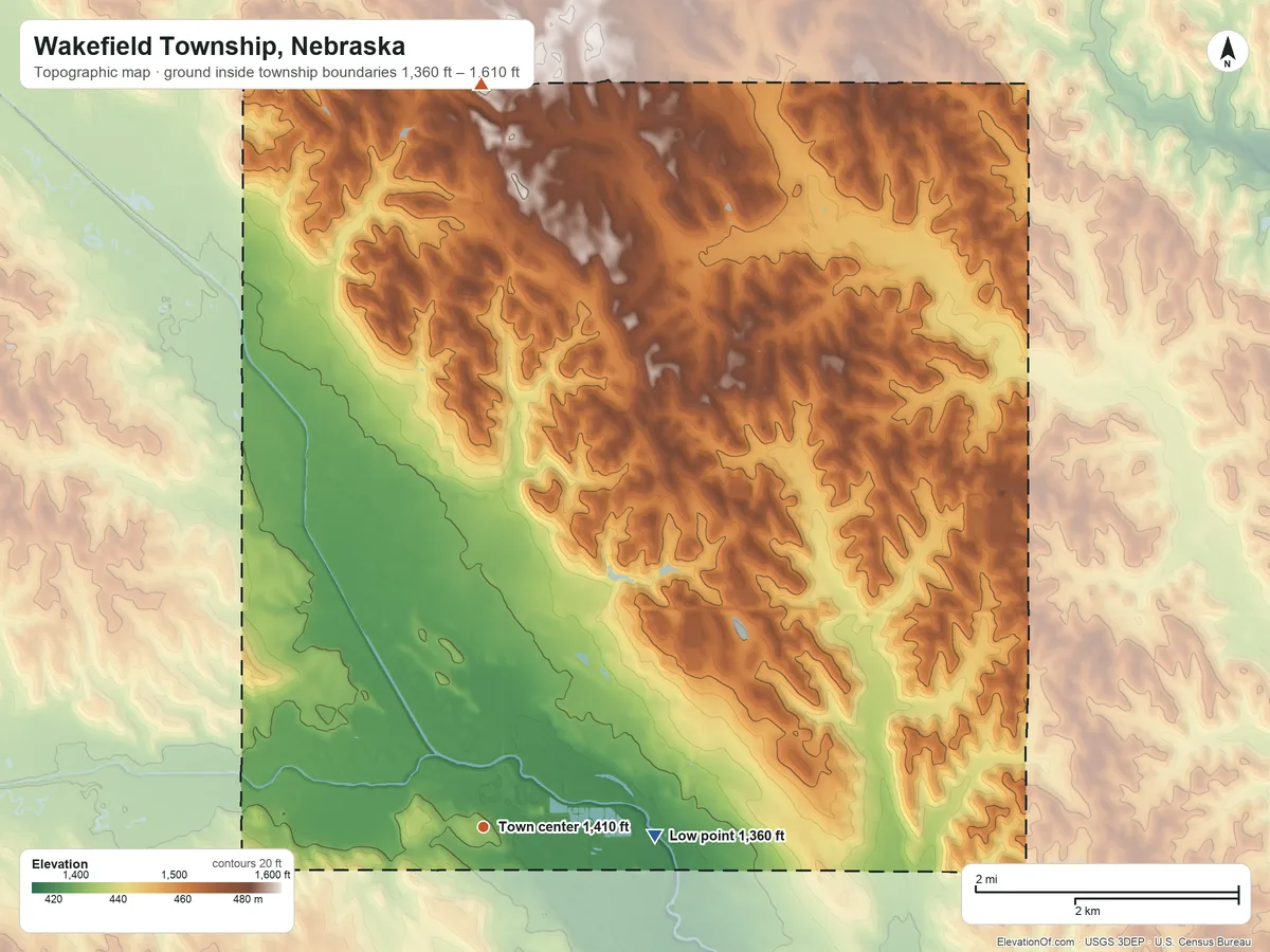 Topographic elevation map of Wakefield Township, Nebraska, shaded from 1,360 ft on the east side to 1,610 ft on the north side