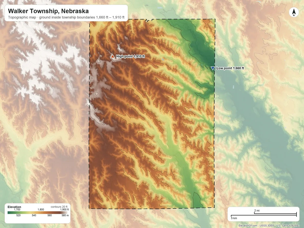 Topographic elevation map of Walker Township, Nebraska, shaded from 1,660 ft on the northeast side to 1,910 ft on the northwest side