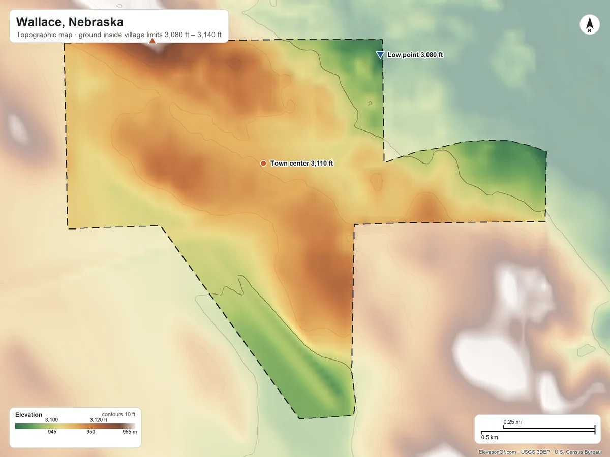 Topographic elevation map of Wallace, Nebraska, shaded from 3,080 ft on the northeast side to 3,140 ft on the northwest side