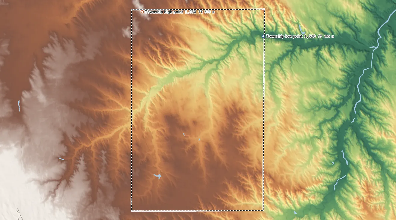 Topographic elevation map of Walnut Grove Township, Nebraska, shaded from 1,520 ft on the northeast side to 1,930 ft on the northwest side