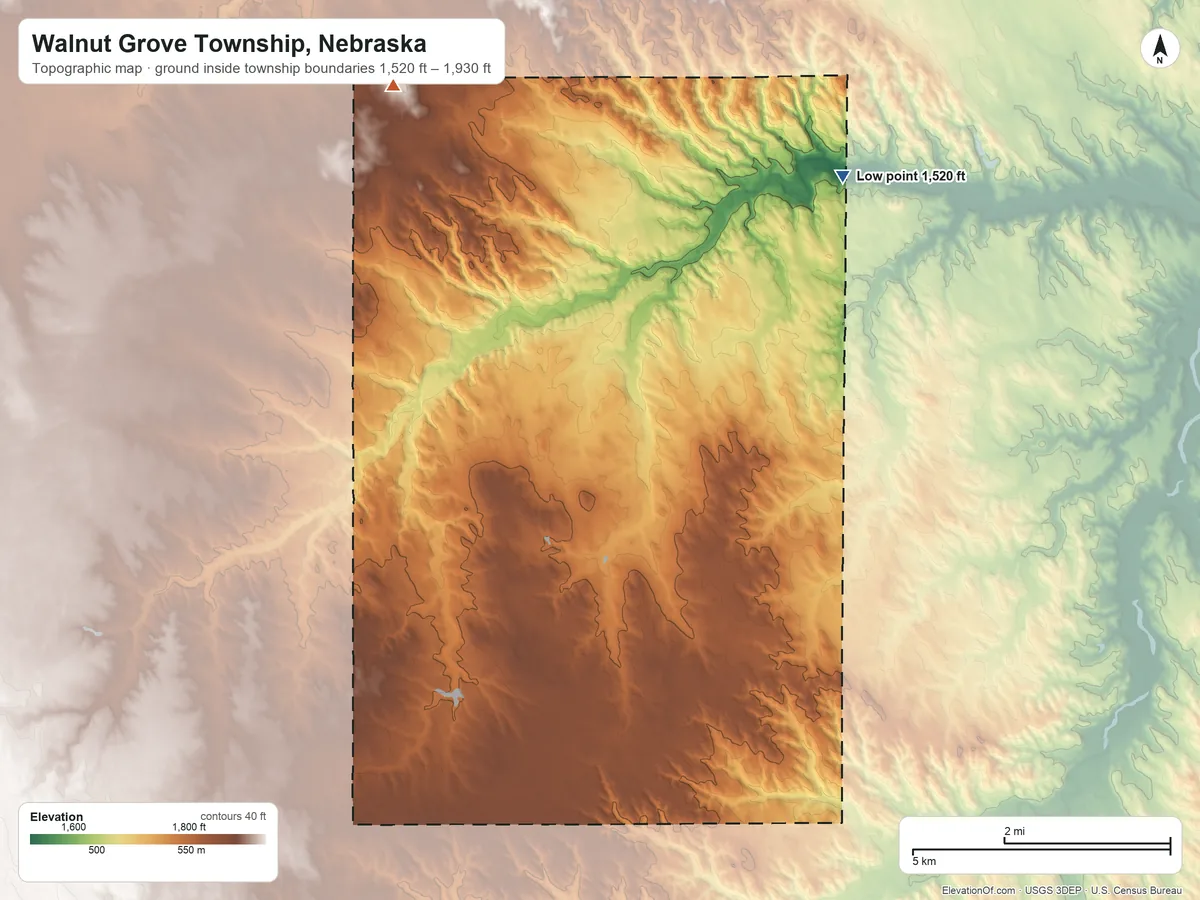 Topographic elevation map of Walnut Grove Township, Nebraska, shaded from 1,520 ft on the northeast side to 1,930 ft on the northwest side