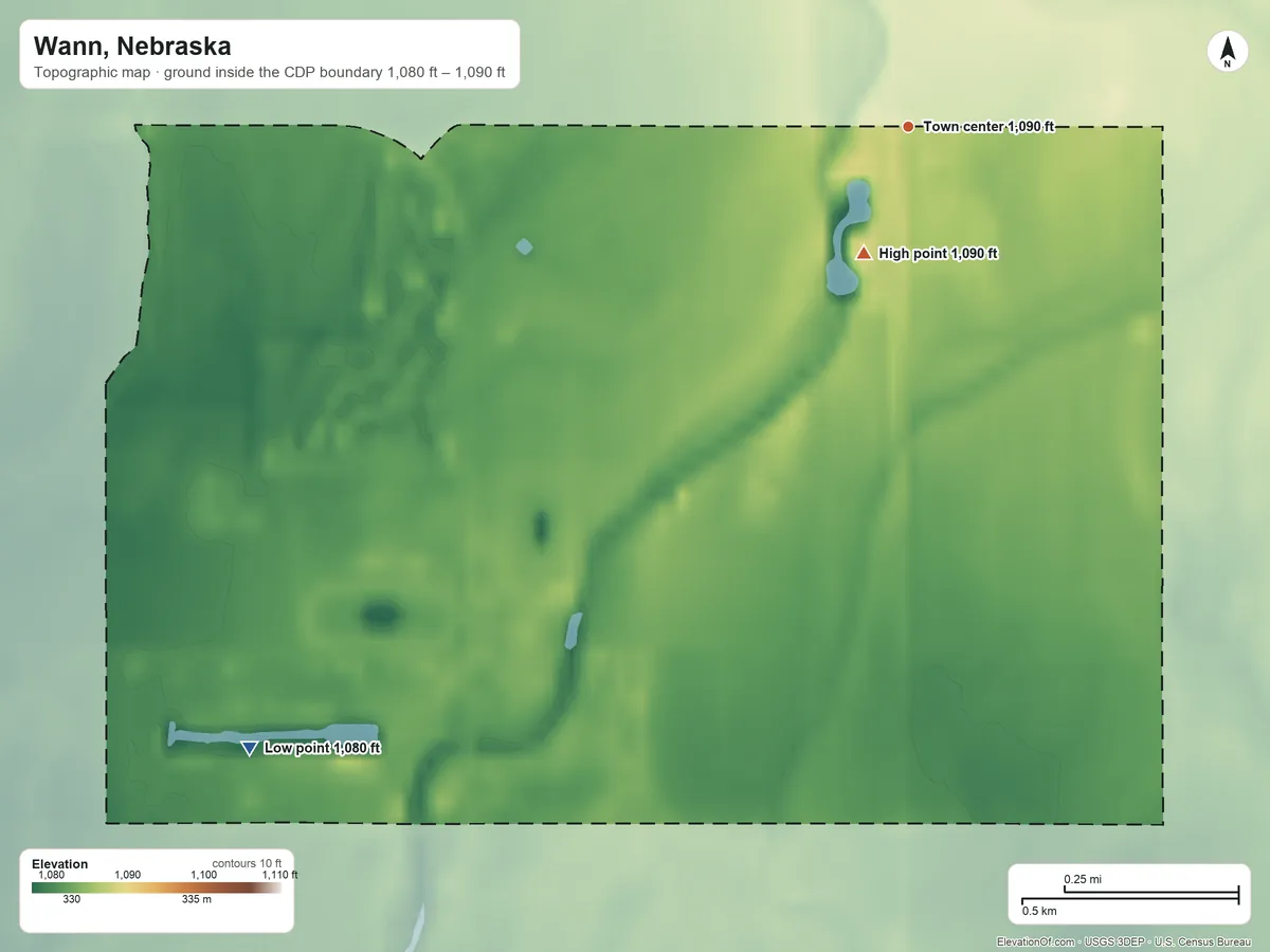 Topographic elevation map of Wann, Nebraska, shaded from 1,080 ft on the southwest side to 1,090 ft on the south side