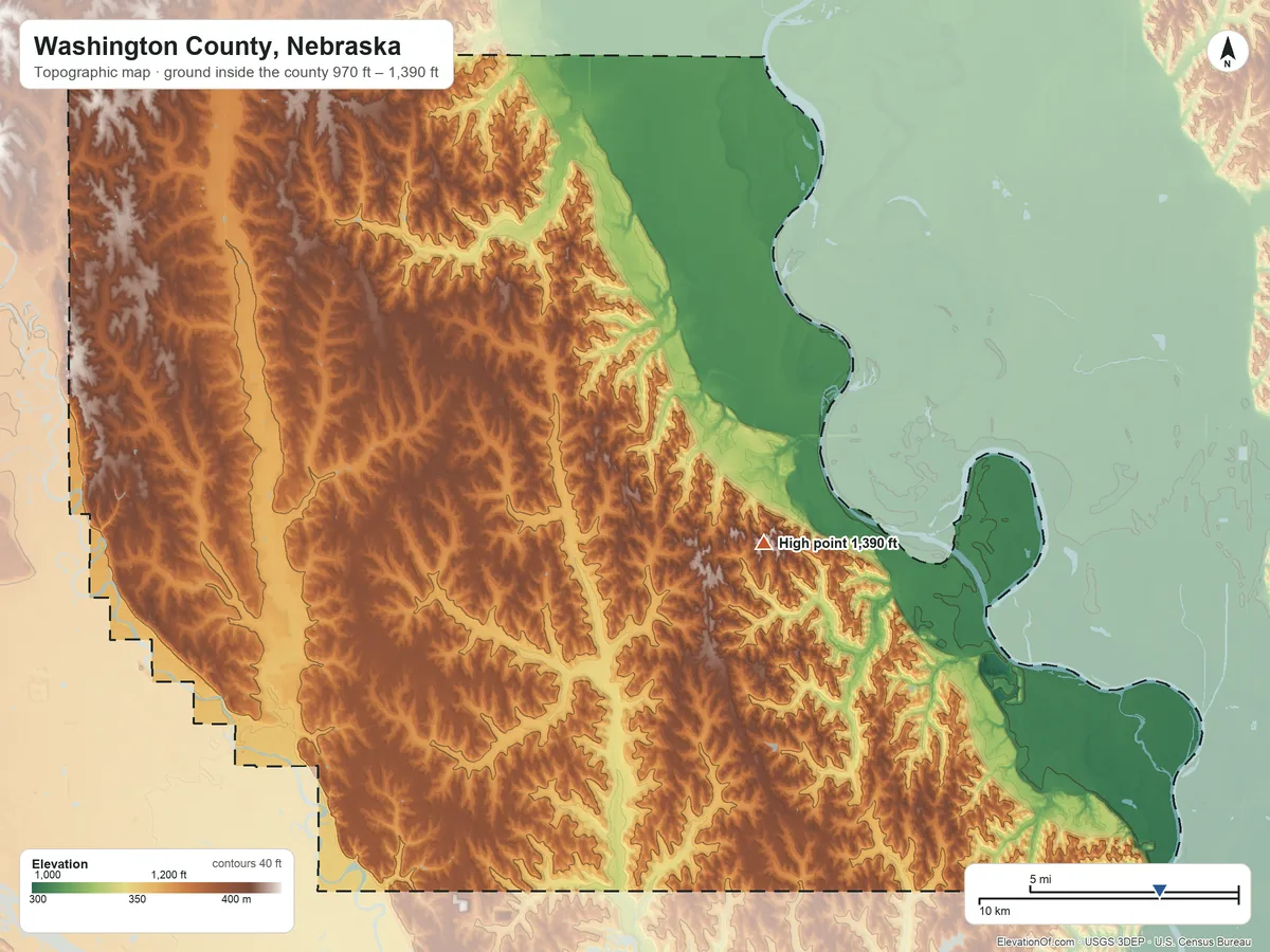Topographic elevation map of Washington County, Nebraska, shaded from 970 ft on the southeast side to 1,390 ft on the southeast side