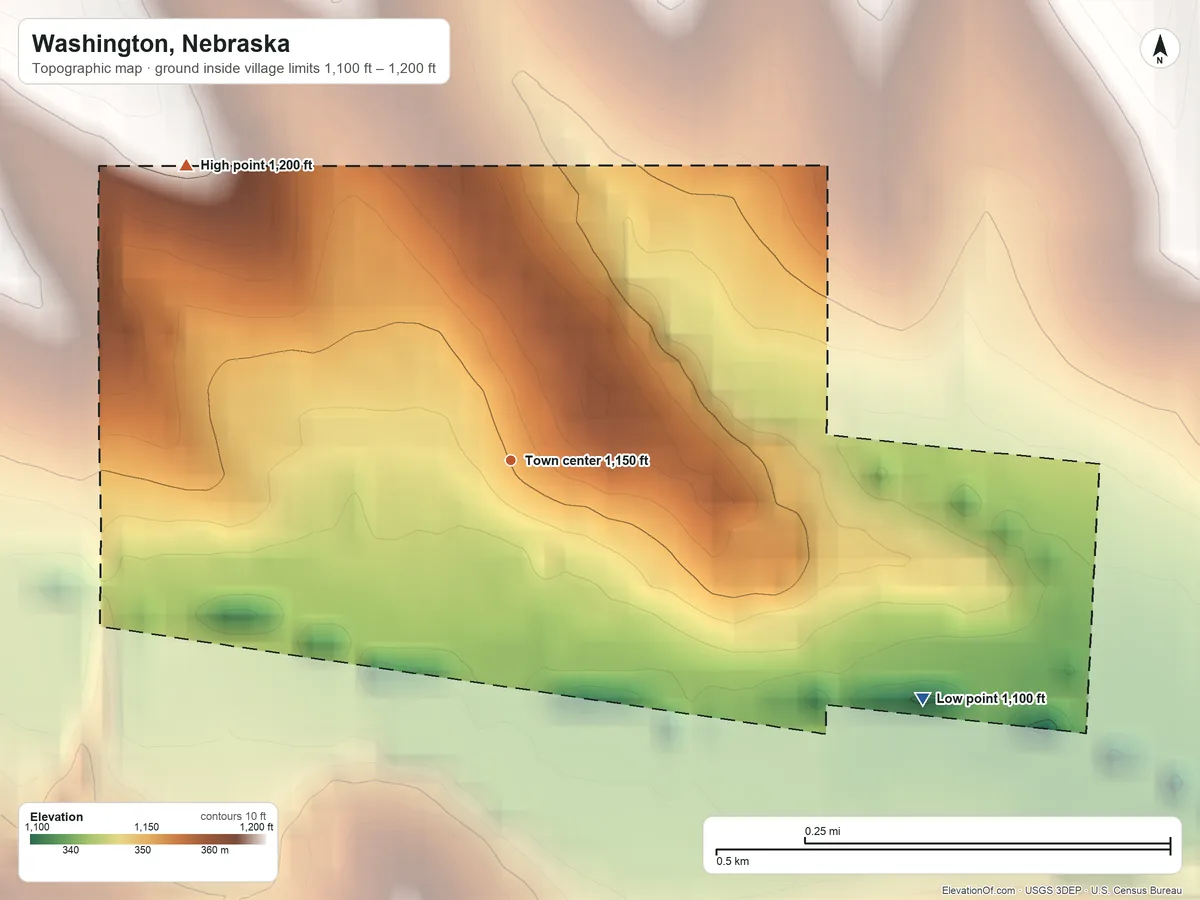 Topographic elevation map of Washington, Nebraska, shaded from 1,100 ft on the southeast side to 1,200 ft on the northwest side