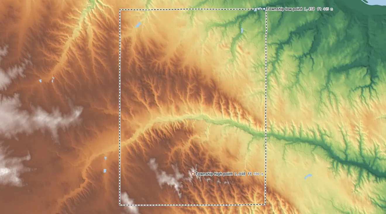 Topographic elevation map of Washington Township, Knox County, Nebraska, shaded from 1,450 ft on the northeast side to 1,940 ft on the south side