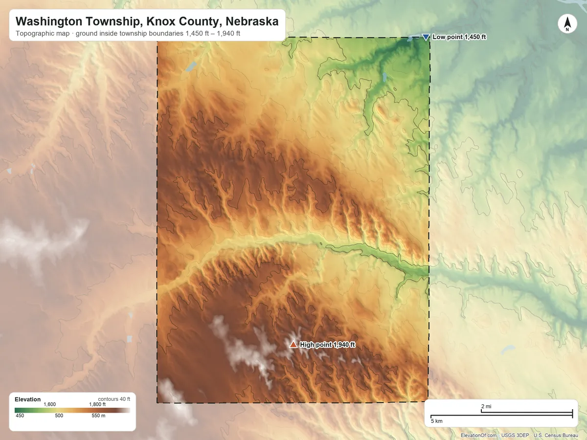 Topographic elevation map of Washington Township, Knox County, Nebraska, shaded from 1,450 ft on the northeast side to 1,940 ft on the south side