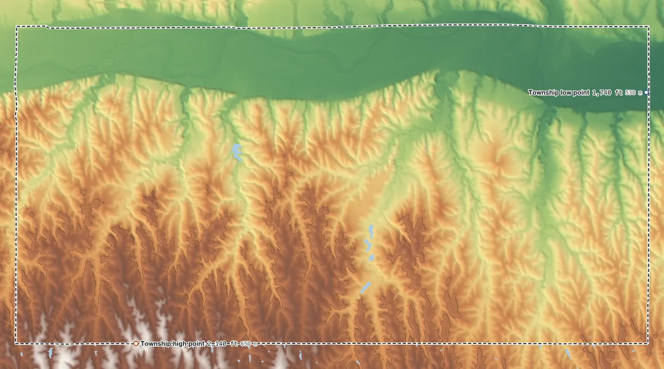 Topographic elevation map of Washington Township, Nebraska, shaded from 1,740 ft on the east side to 2,140 ft on the southwest side