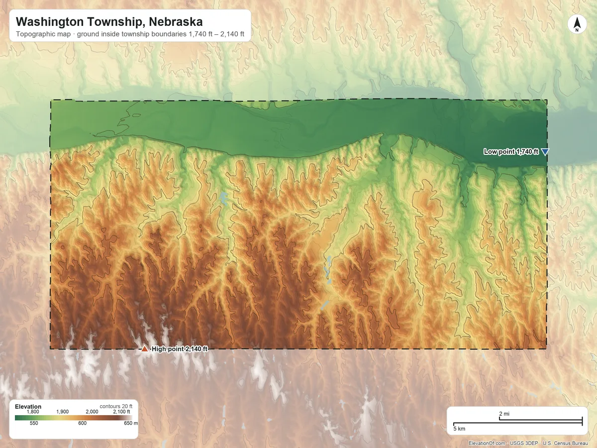 Topographic elevation map of Washington Township, Nebraska, shaded from 1,740 ft on the east side to 2,140 ft on the southwest side