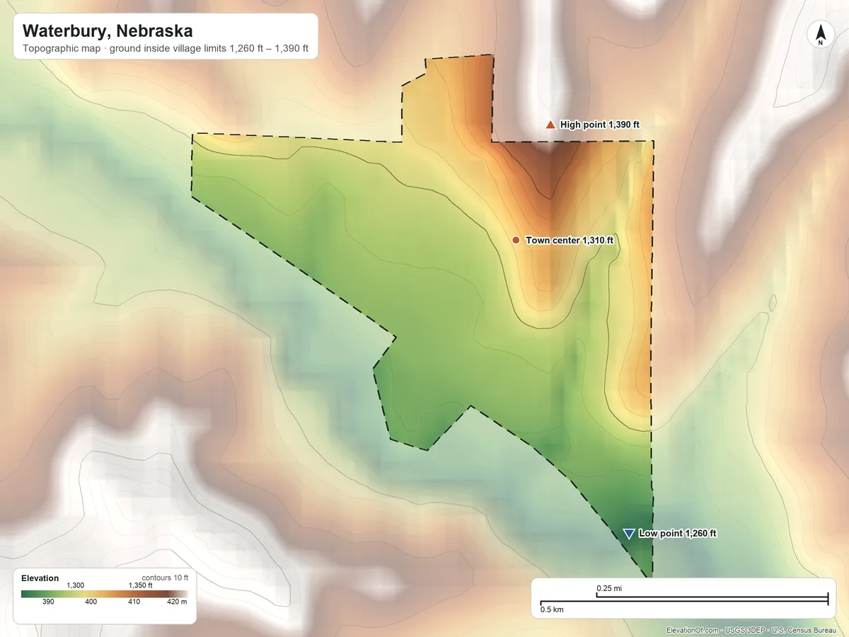 Topographic elevation map of Waterbury, Nebraska, shaded from 1,260 ft on the south side to 1,390 ft on the north side