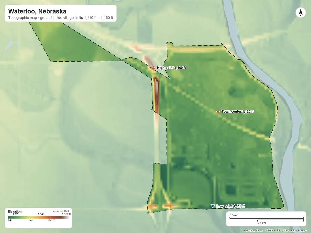 Topographic elevation map of Waterloo, Nebraska, shaded from 1,110 ft on the south side to 1,160 ft on the northwest side