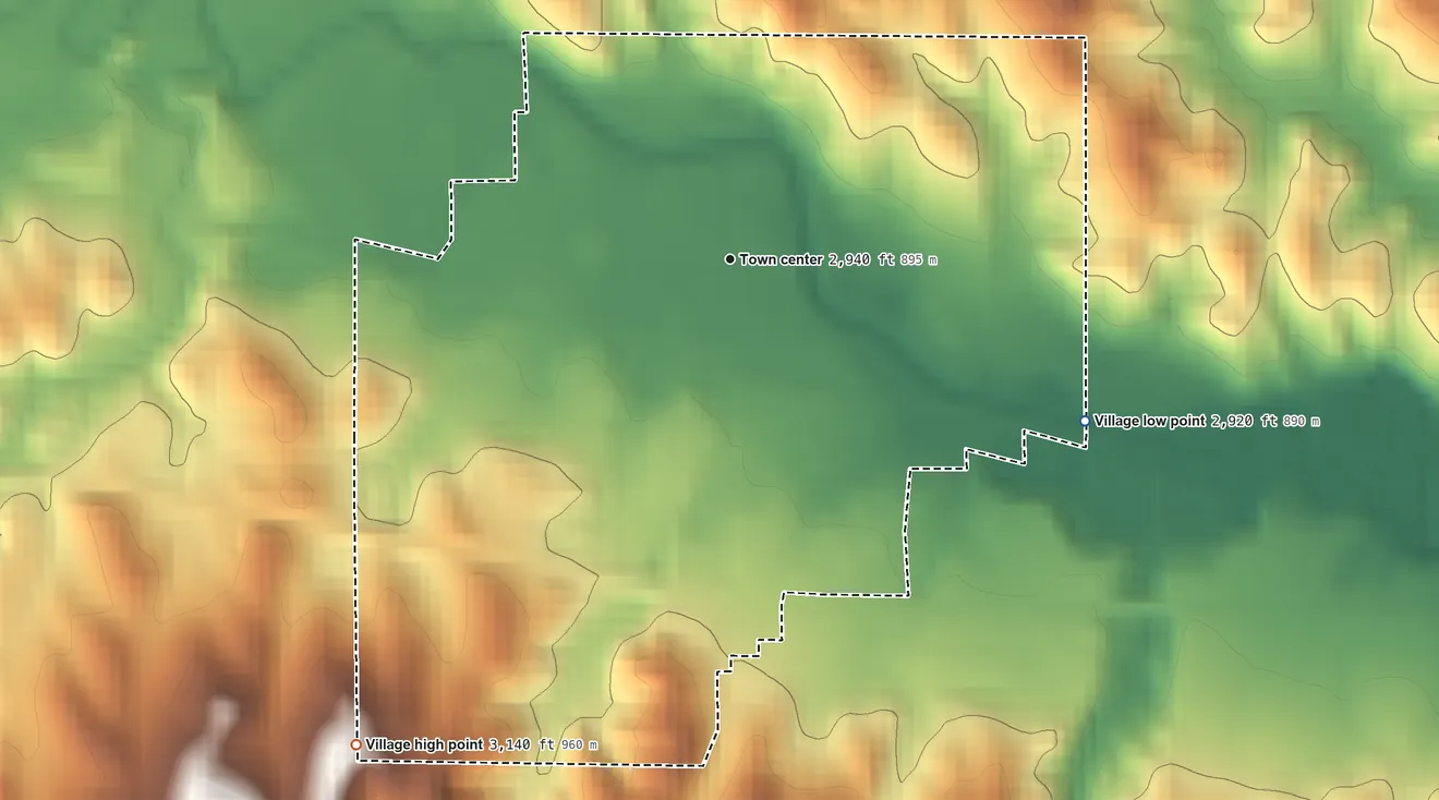 Topographic elevation map of Wauneta, Nebraska, shaded from 2,920 ft on the southeast side to 3,140 ft on the southwest side