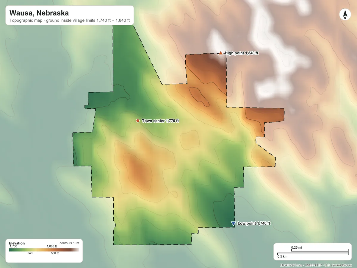 Topographic elevation map of Wausa, Nebraska, shaded from 1,740 ft on the southeast side to 1,840 ft on the northeast side