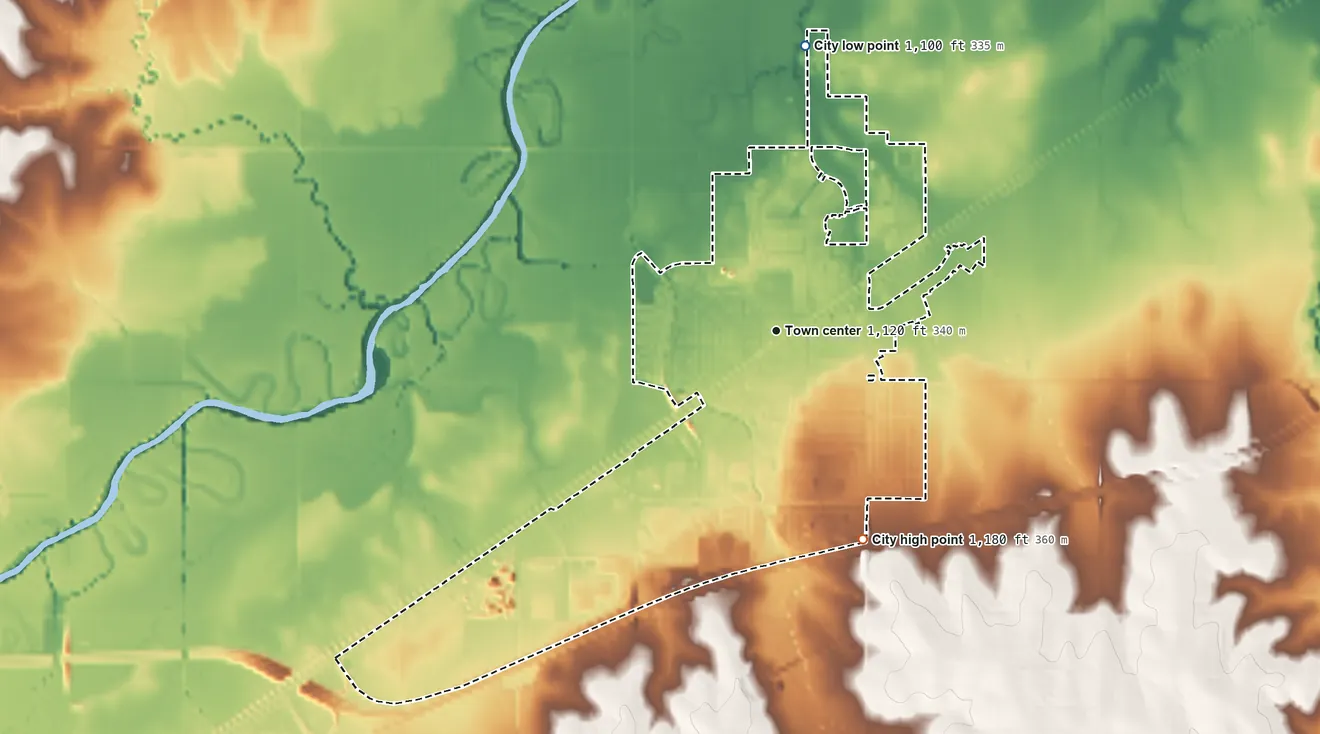 Topographic elevation map of Waverly, Nebraska, shaded from 1,100 ft on the north side to 1,180 ft on the southeast side