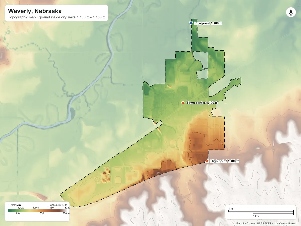 Topographic elevation map of Waverly, Nebraska, shaded from 1,100 ft on the north side to 1,180 ft on the southeast side