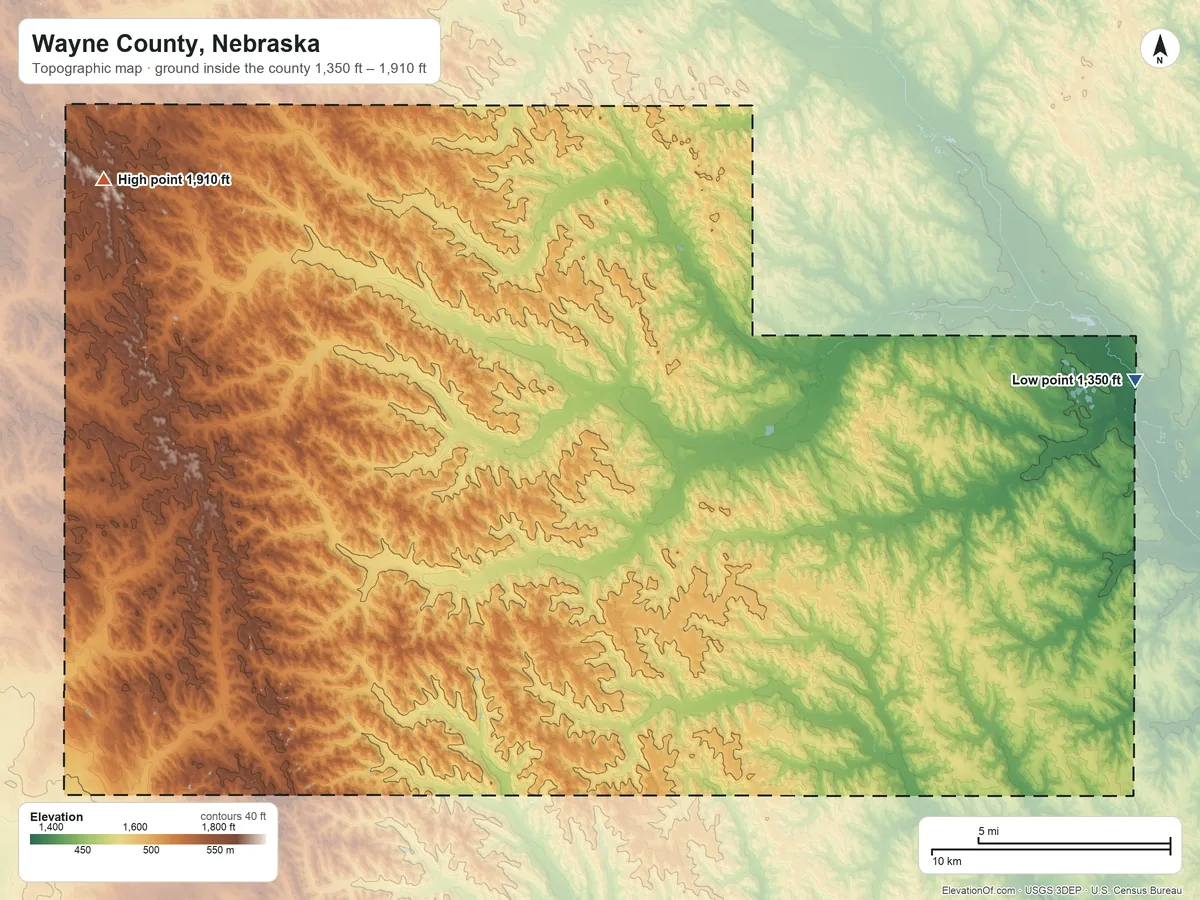 Topographic elevation map of Wayne County, Nebraska, shaded from 1,350 ft on the east side to 1,910 ft on the northwest side