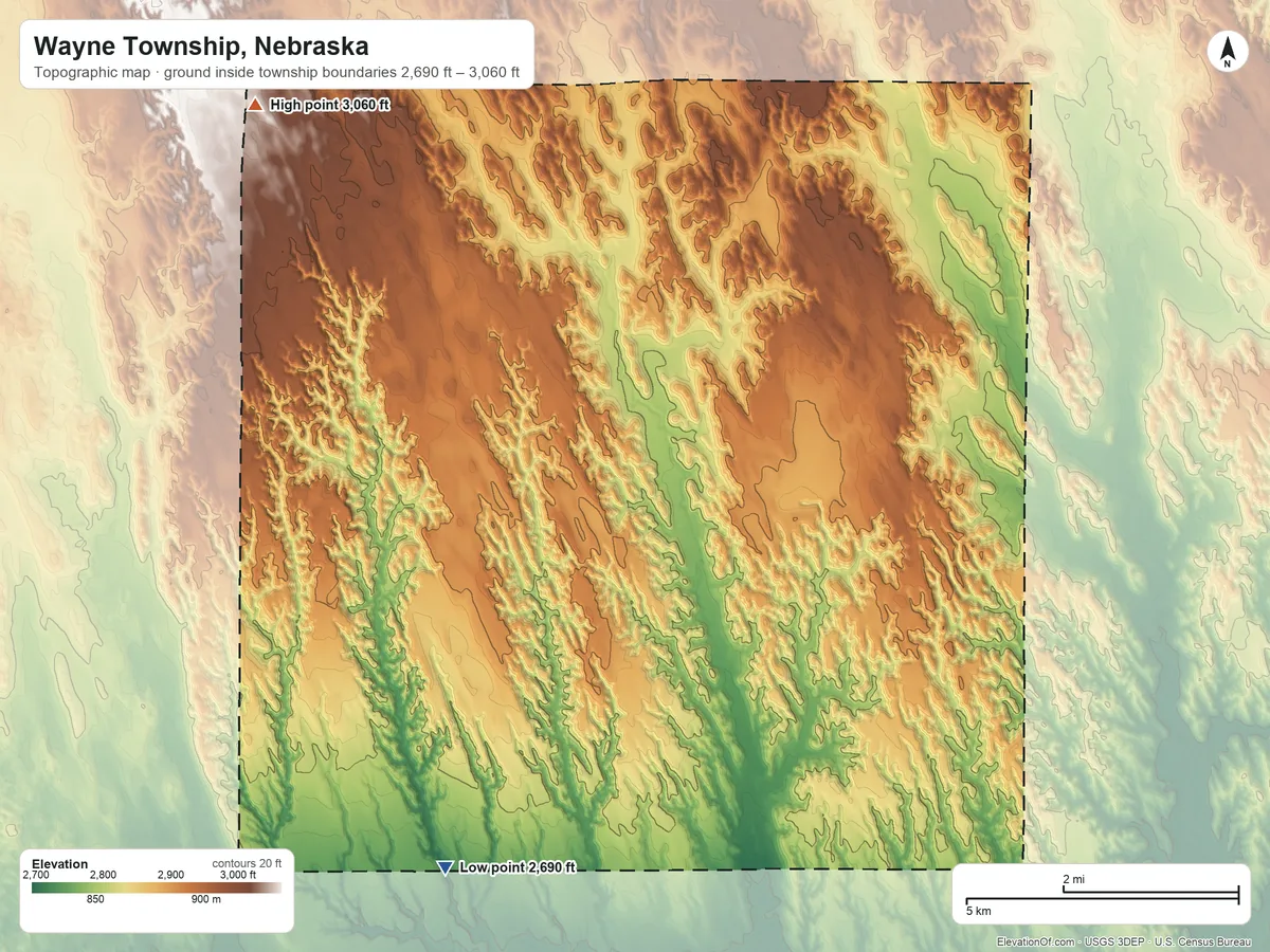 Topographic elevation map of Wayne Township, Nebraska, shaded from 2,690 ft on the south side to 3,060 ft on the northwest side