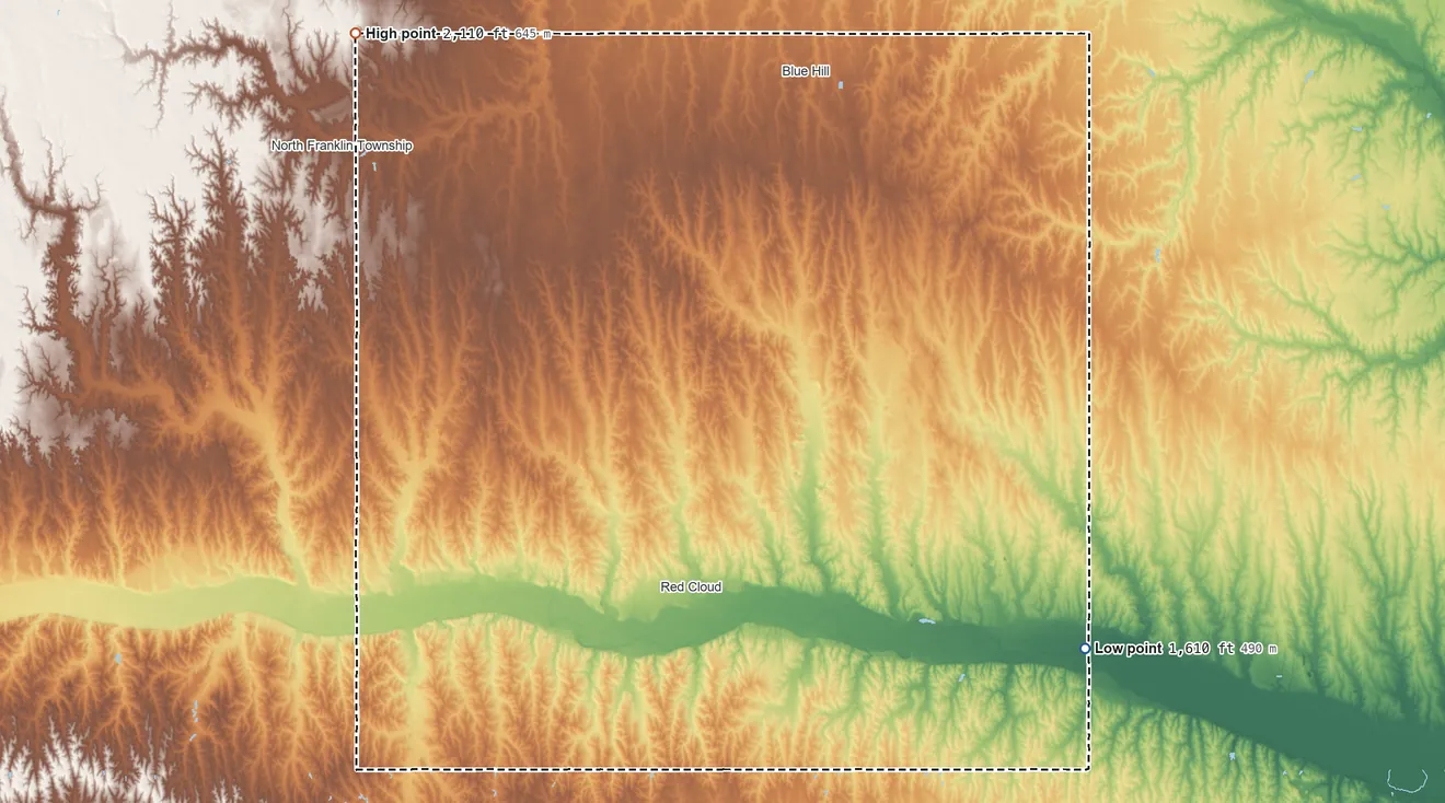 Topographic elevation map of Webster County, Nebraska, shaded from 1,610 ft on the southeast side to 2,110 ft on the northwest side