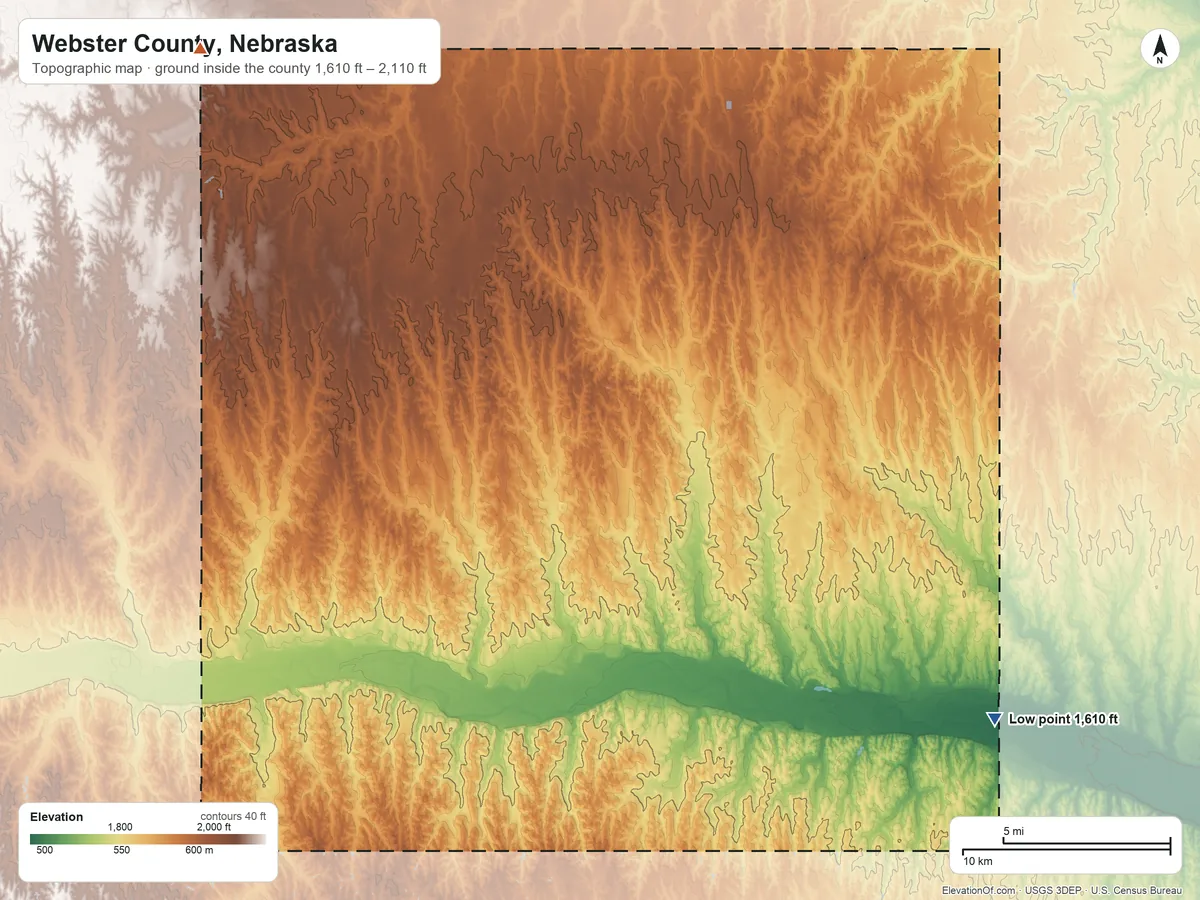 Topographic elevation map of Webster County, Nebraska, shaded from 1,610 ft on the southeast side to 2,110 ft on the northwest side