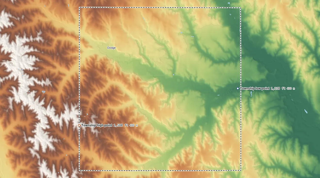 Topographic elevation map of Webster Township, Nebraska, shaded from 1,310 ft on the east side to 1,580 ft on the southwest side