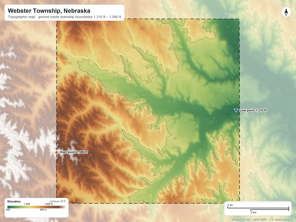 Topographic elevation map of Webster Township, Nebraska, shaded from 1,310 ft on the east side to 1,580 ft on the southwest side