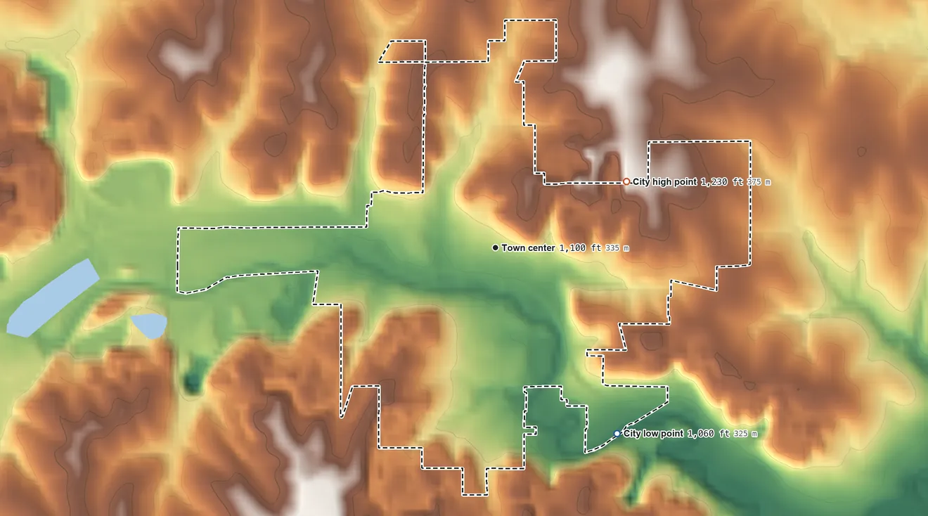 Topographic elevation map of Weeping Water, Nebraska, shaded from 1,060 ft on the southeast side to 1,230 ft on the northeast side