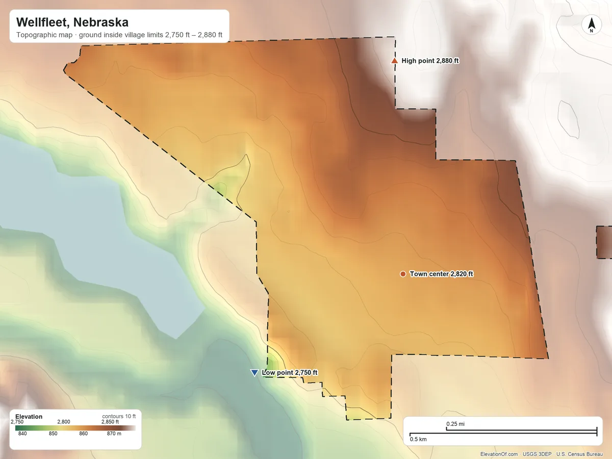 Topographic elevation map of Wellfleet, Nebraska, shaded from 2,750 ft on the southwest side to 2,880 ft on the north side