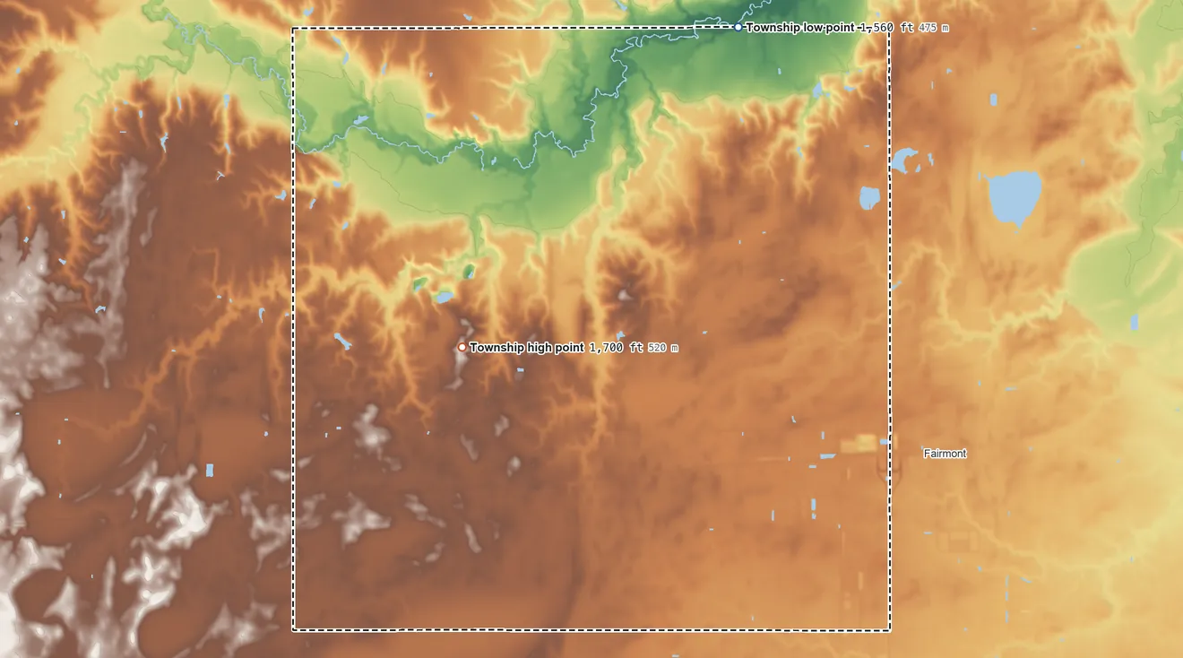 Topographic elevation map of West Blue Township, Nebraska, shaded from 1,560 ft on the north side to 1,700 ft on the west side