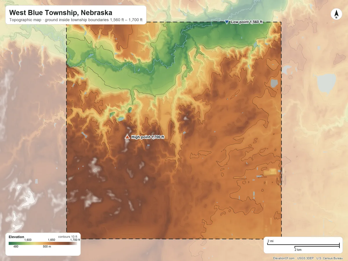 Topographic elevation map of West Blue Township, Nebraska, shaded from 1,560 ft on the north side to 1,700 ft on the west side