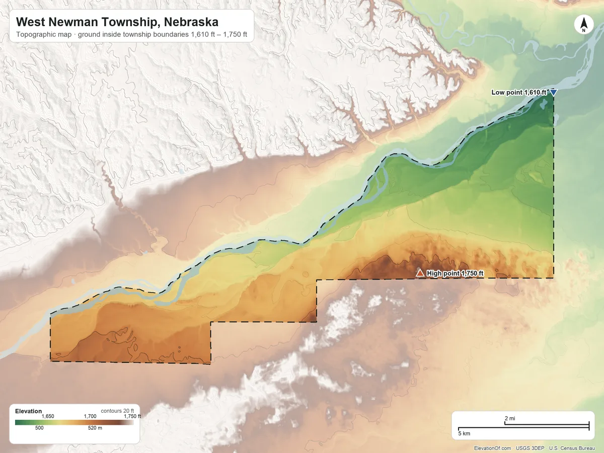 Topographic elevation map of West Newman Township, Nebraska, shaded from 1,610 ft on the northeast side to 1,750 ft on the east side