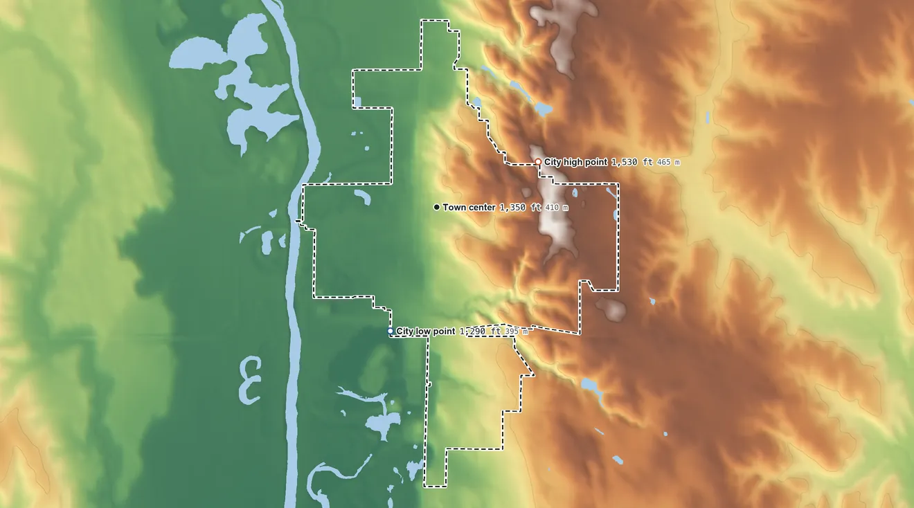 Topographic elevation map of West Point, Nebraska, shaded from 1,290 ft on the south side to 1,530 ft on the northeast side
