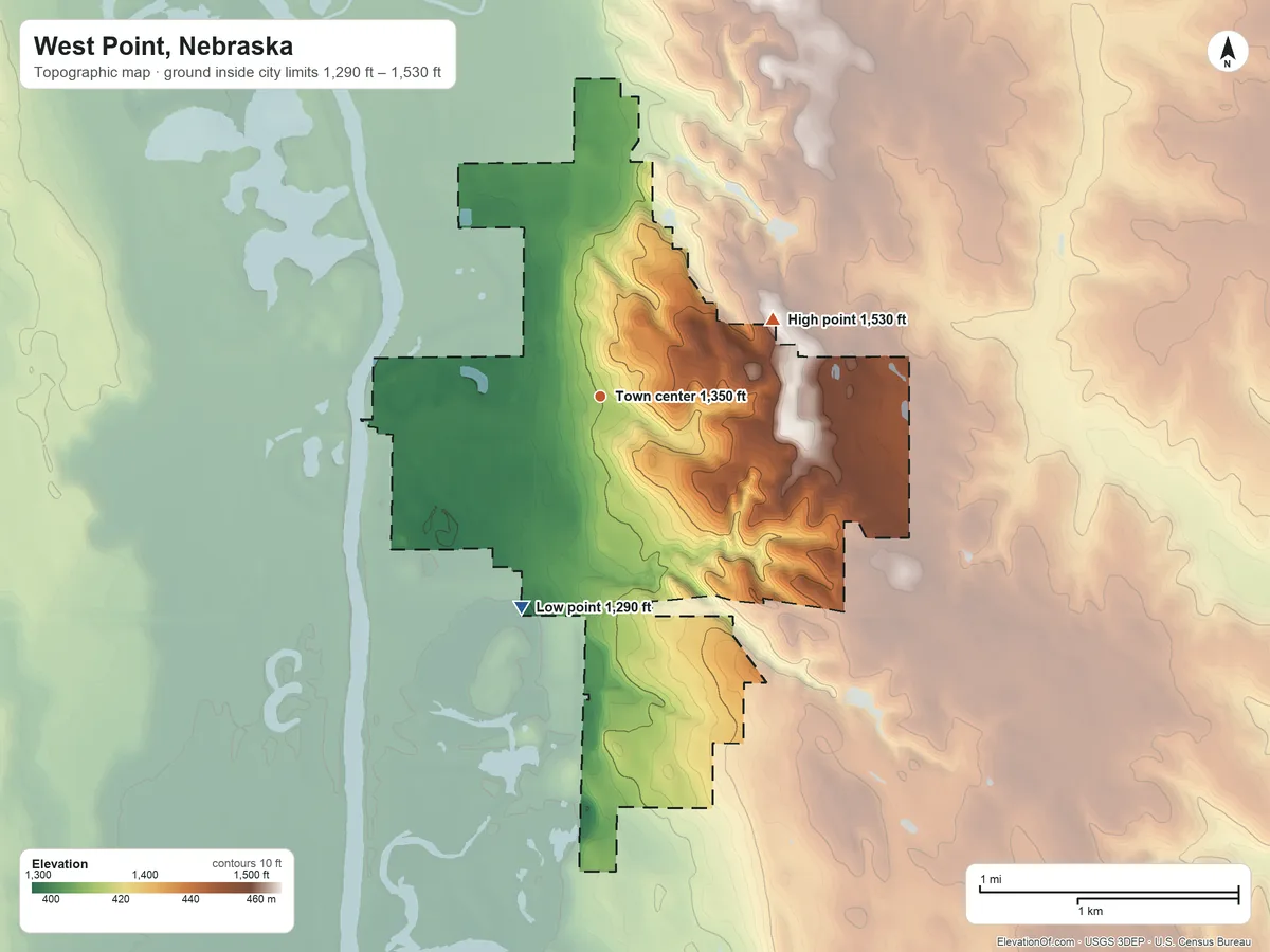 Topographic elevation map of West Point, Nebraska, shaded from 1,290 ft on the south side to 1,530 ft on the northeast side