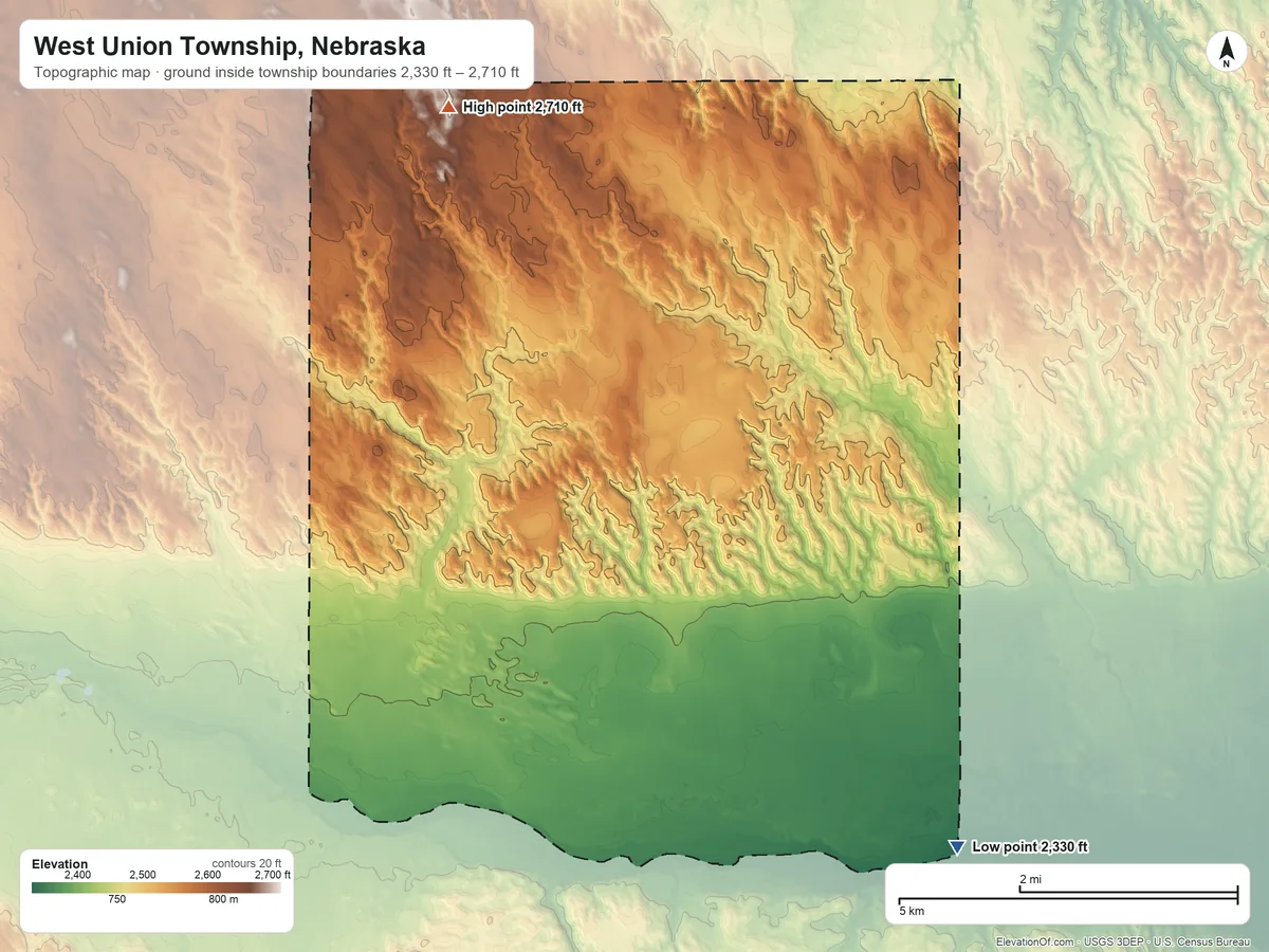 Topographic elevation map of West Union Township, Nebraska, shaded from 2,330 ft on the southeast side to 2,710 ft on the northwest side
